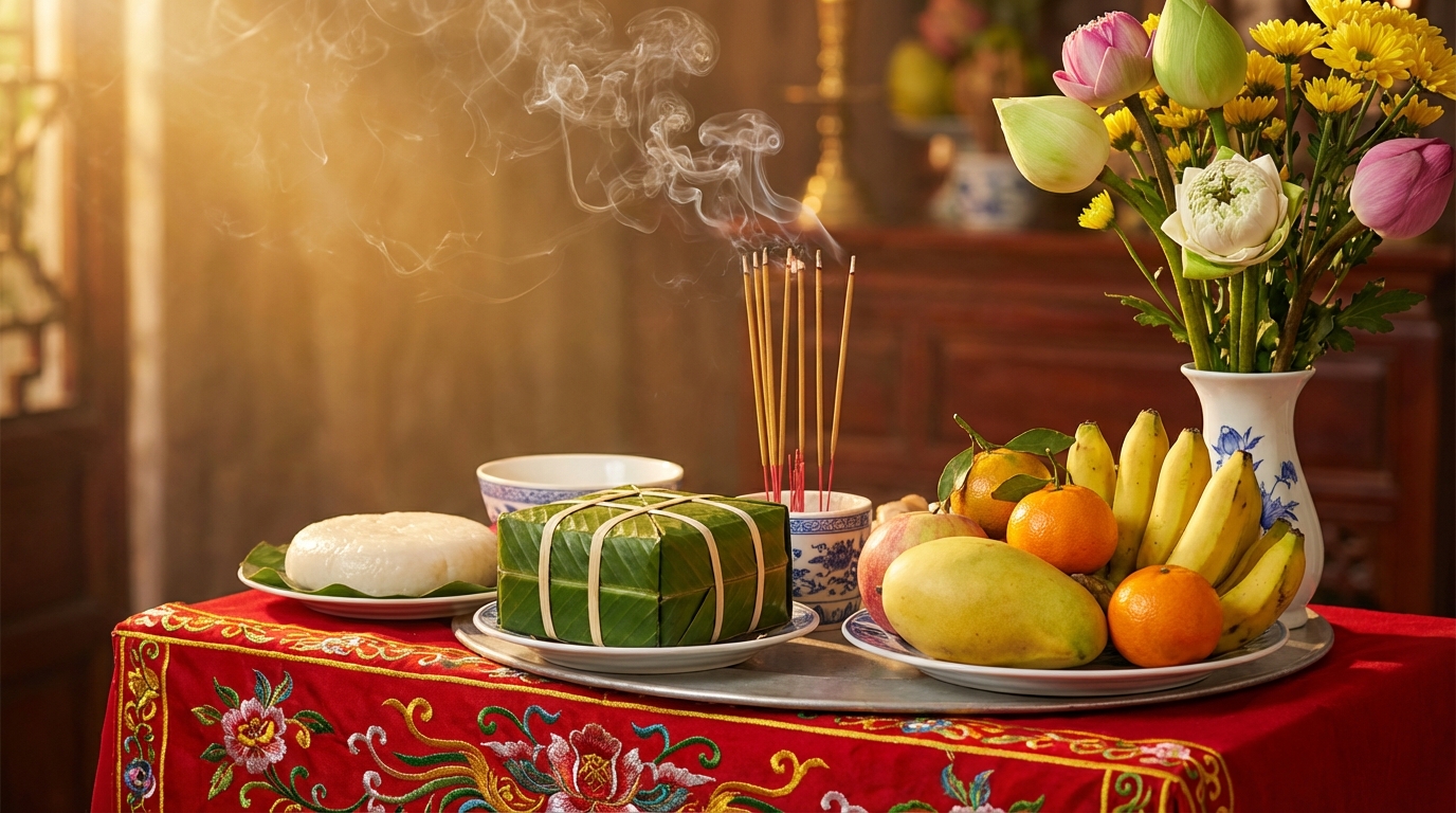 Mâm cúng Giỗ Tổ Hùng Vương đẹp với bánh chưng, bánh dày, ngũ quả và hương
