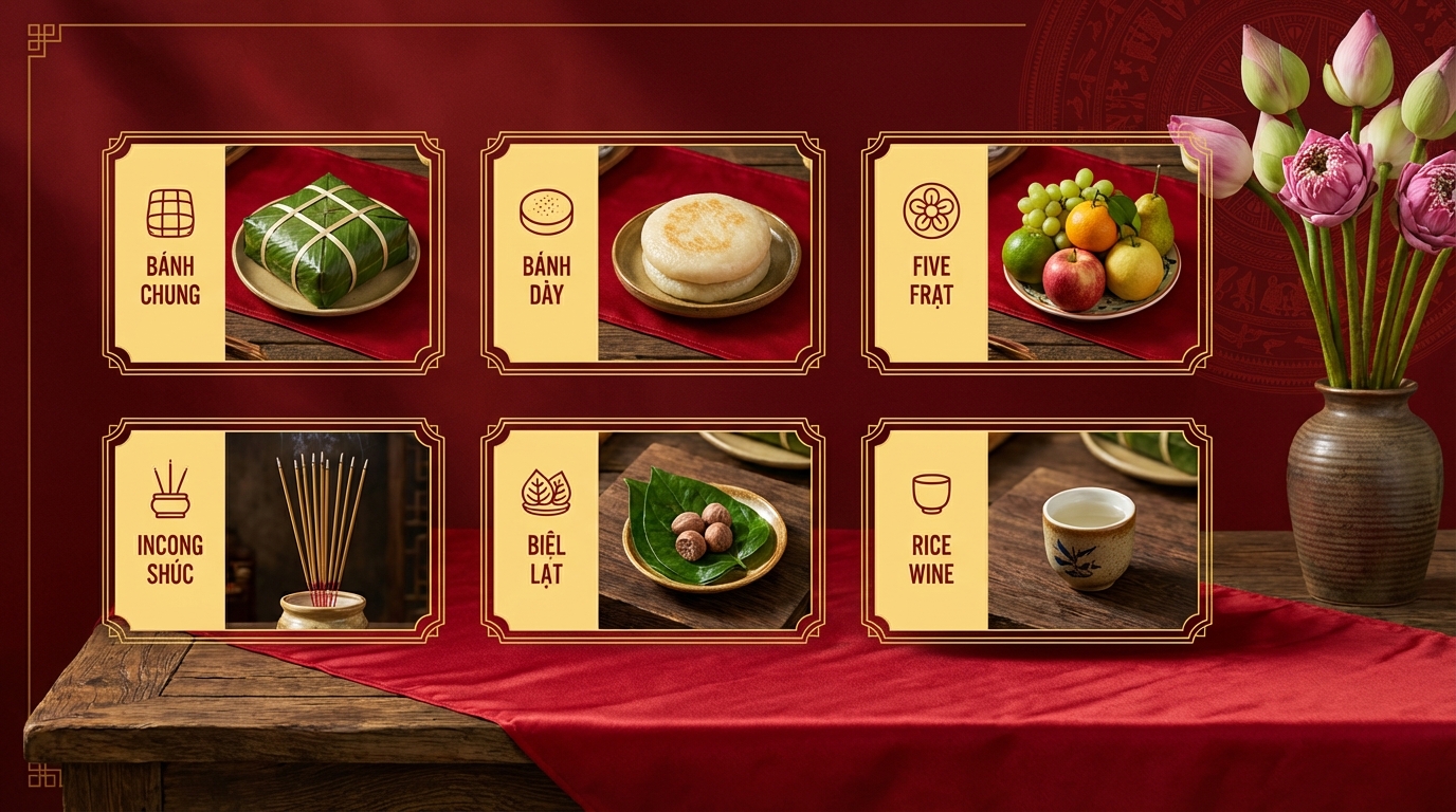 Checklist mâm cúng Giỗ Tổ Hùng Vương: bánh chưng, bánh dày, ngũ quả, hương, trầu cau, rượu