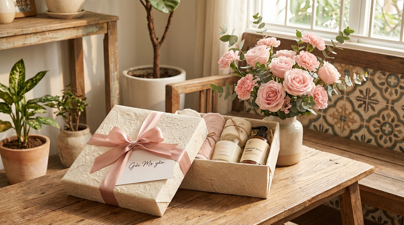 Hộp quà Ngày của Mẹ gói đẹp với sản phẩm chăm sóc nhà cửa và hoa tươi