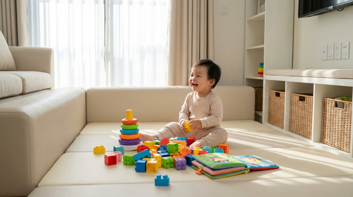 Em bé chơi vui vẻ trên sàn nhà sạch sẽ, phòng gọn gàng an toàn