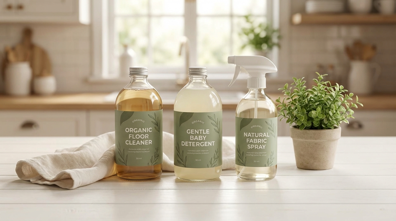 Sản phẩm vệ sinh an toàn cho nhà có bé: nước lau sàn organic, nước giặt dịu nhẹ