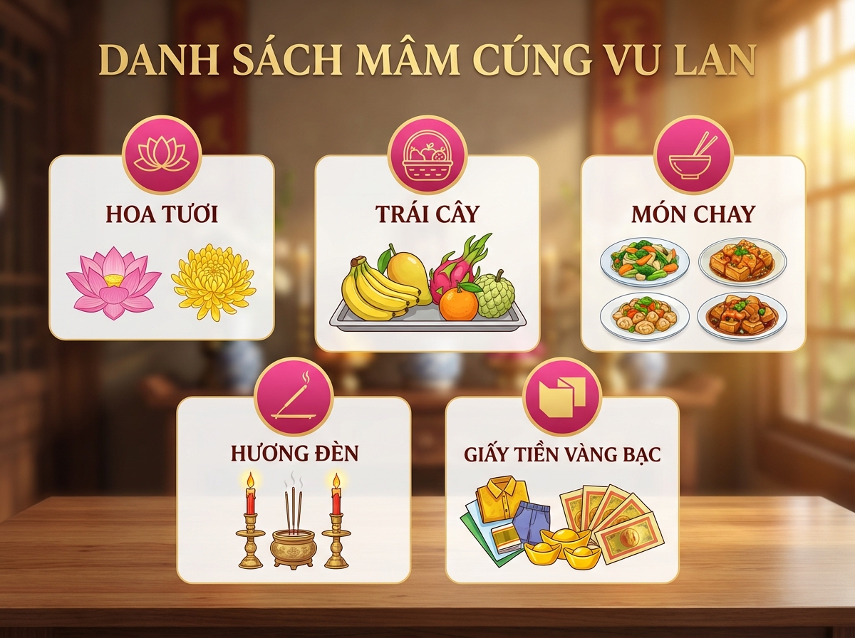 Infographic mâm cúng Vu Lan: checklist 3 mâm Phật, gia tiên, chúng sinh