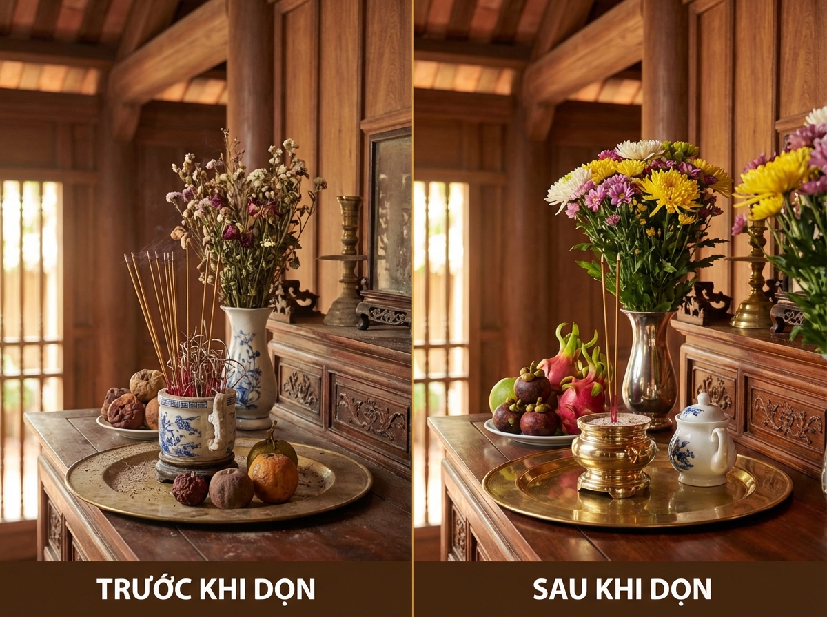 Bàn thờ trước và sau khi dọn dẹp: từ có bụi sang sạch bóng với hoa tươi