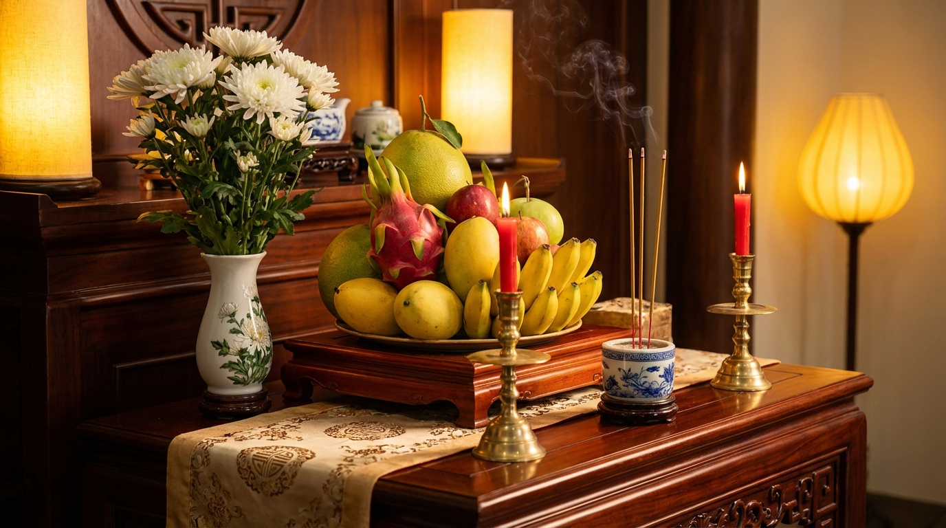 Mâm cúng rằm tháng 7 đẹp với trái cây, hoa và nhang đèn trên bàn thờ