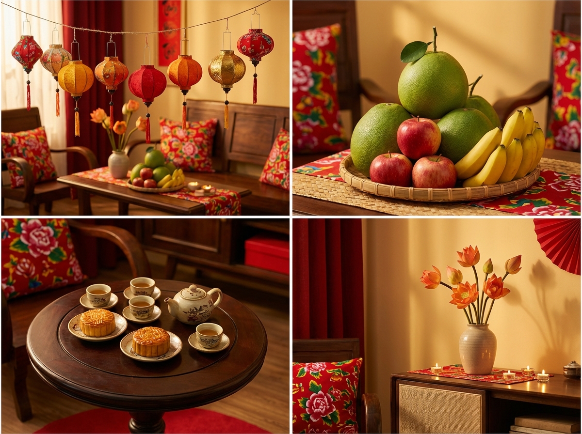 5 ý tưởng trang trí Trung Thu đơn giản tại nhà: đèn lồng, mâm ngũ quả, bánh trung thu, hoa tươi