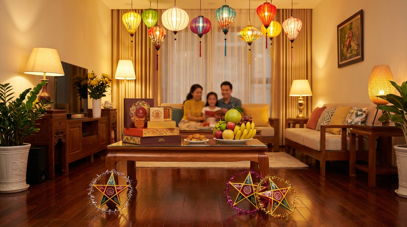 Phòng khách sạch sẽ ấm cúng với đèn lồng và mâm cỗ Trung Thu