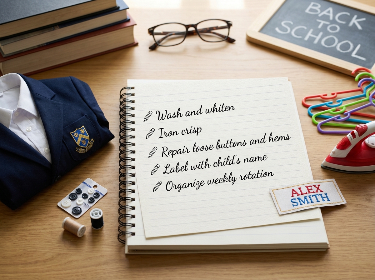Checklist chuẩn bị đồng phục đầu năm học: giặt, là, sửa, đánh dấu tên, xếp sẵn