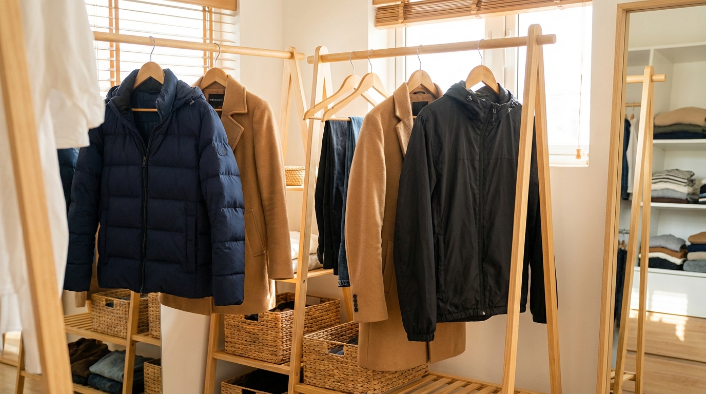 Các loại áo khoác mùa đông treo gọn gàng: phao, dạ, da và gió