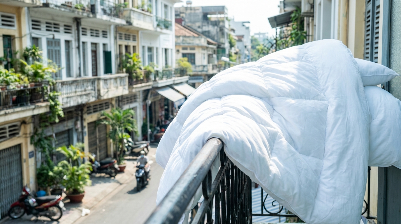 Chăn bông trắng phồng mềm sau khi giặt, phơi thoáng trên ban công