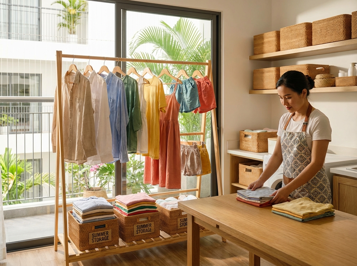 Giặt và phơi khô quần áo mùa hè trước khi cất vào hộp bảo quản