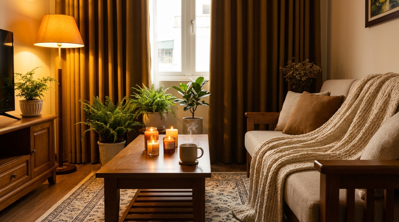 Phòng khách ấm cúng mùa đông với nến thơm, chăn mềm và ánh đèn vàng ấm áp