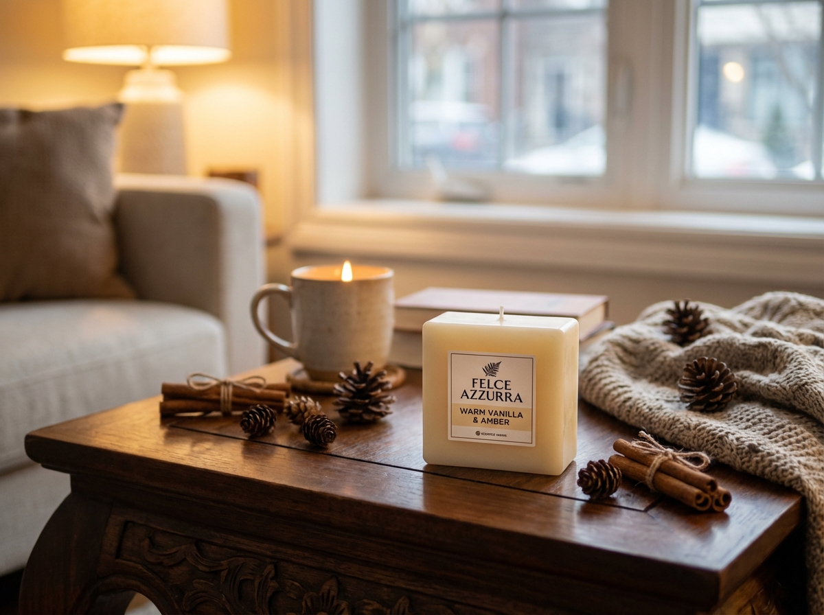 Sáp thơm Felce Azzurra mùi ấm áp trên bàn phòng khách mùa đông