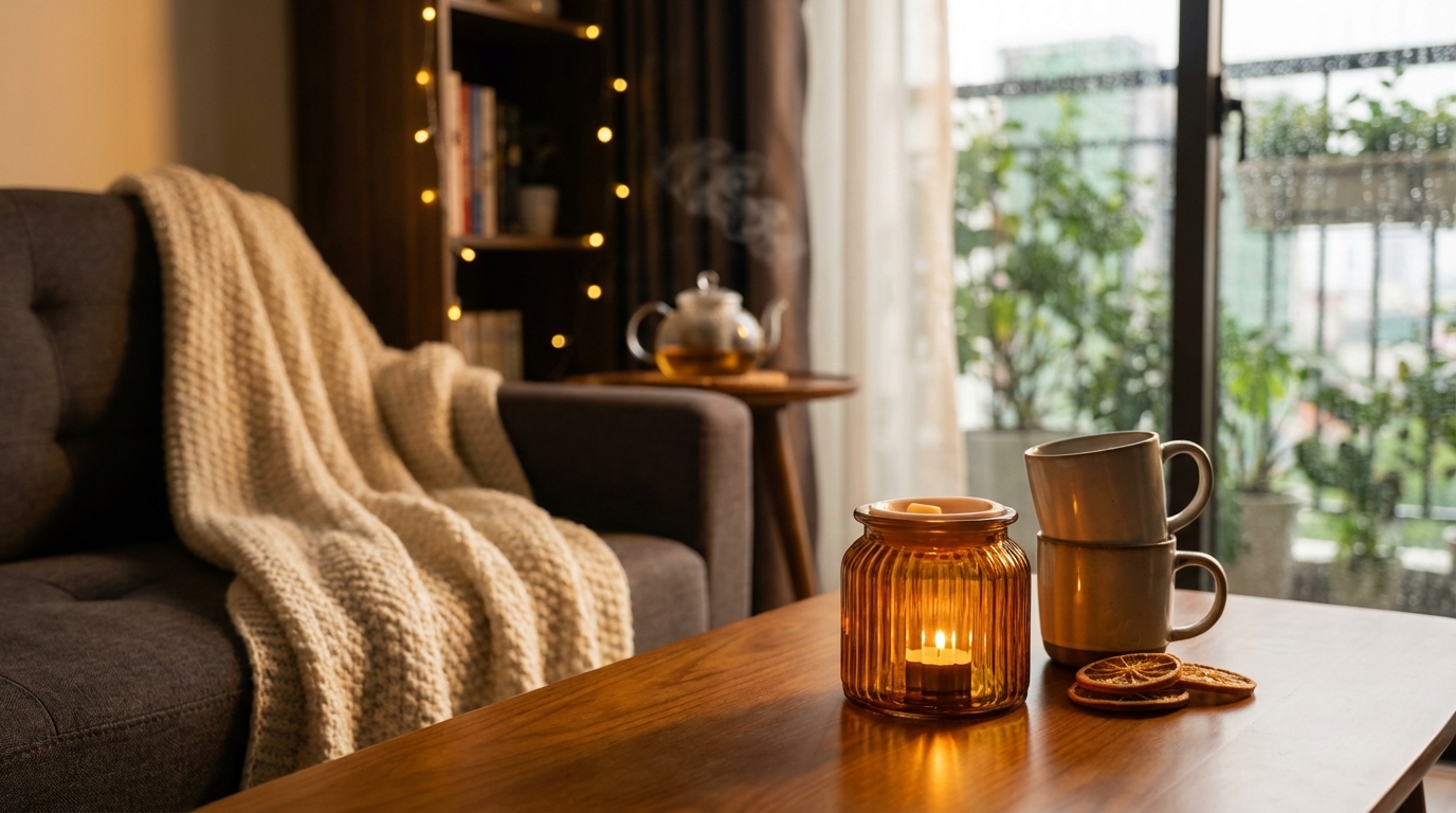 Sáp thơm mùi ấm vanilla đặt trong phòng khách ấm cúng mùa đông