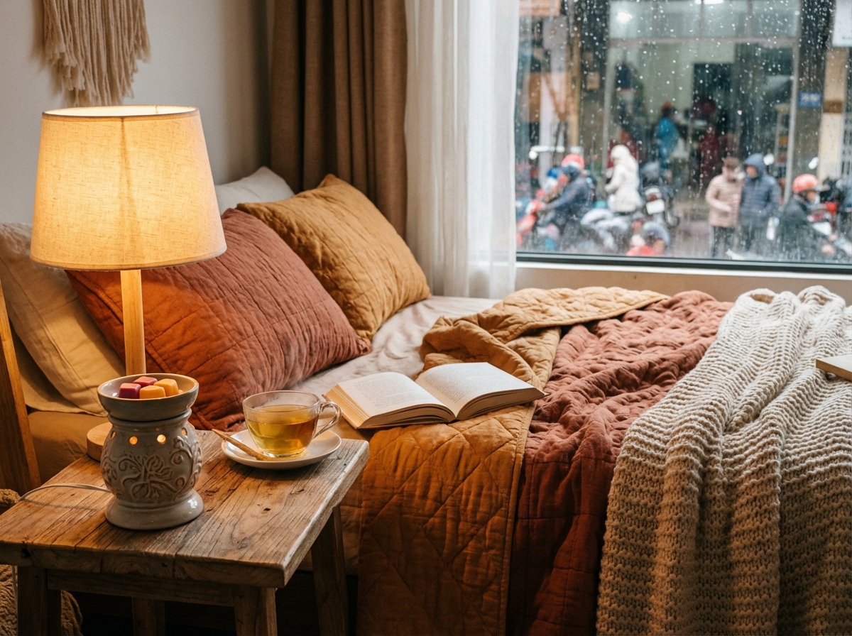 Sáp thơm đặt trên bàn đầu giường trong phòng ngủ ấm cúng mùa đông