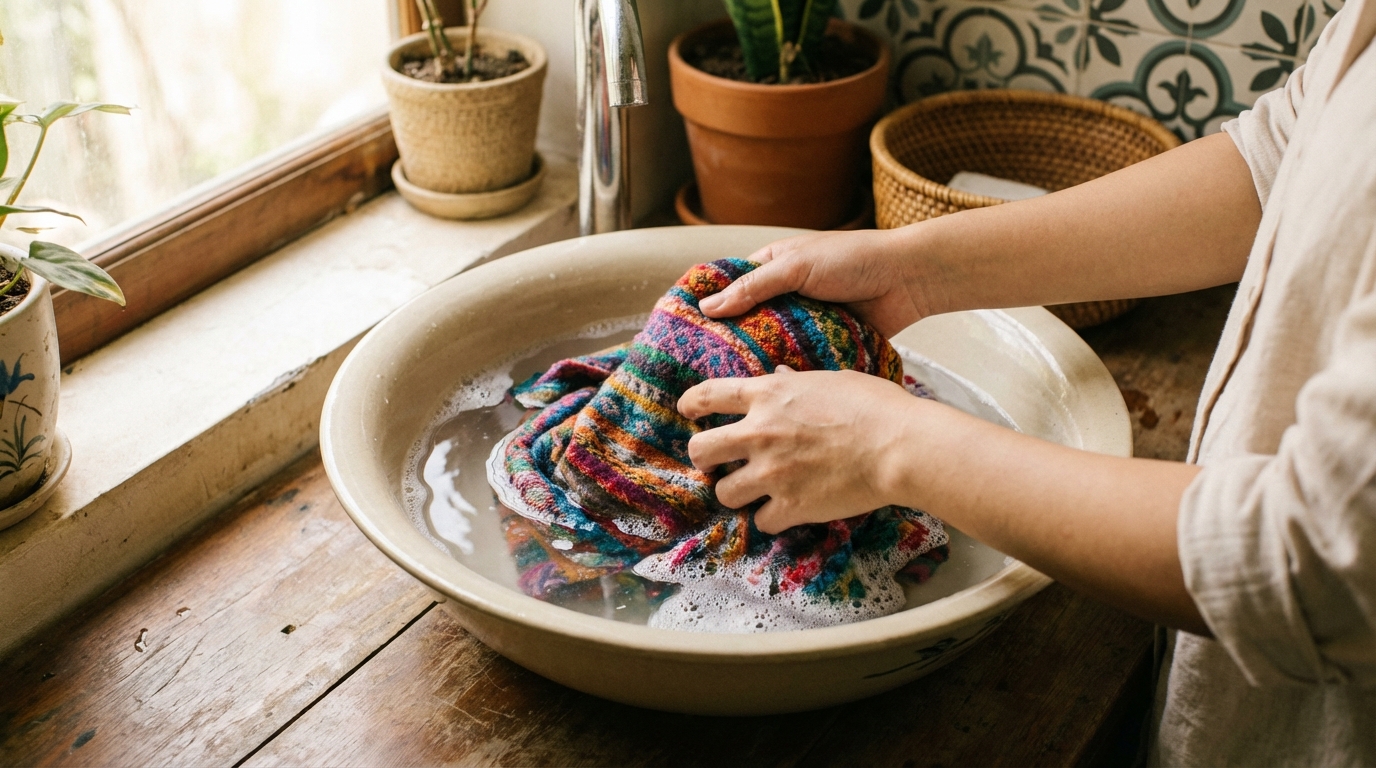 Khăn choàng len đang được giặt tay nhẹ nhàng trong chậu nước sạch