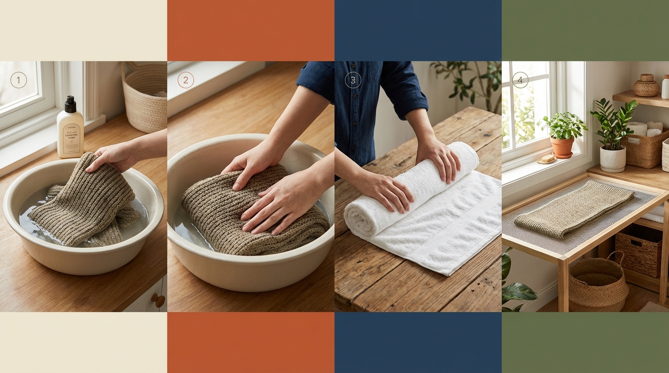 4 bước giặt khăn len: ngâm nước lạnh, giặt nhẹ, vắt bằng khăn, phơi phẳng