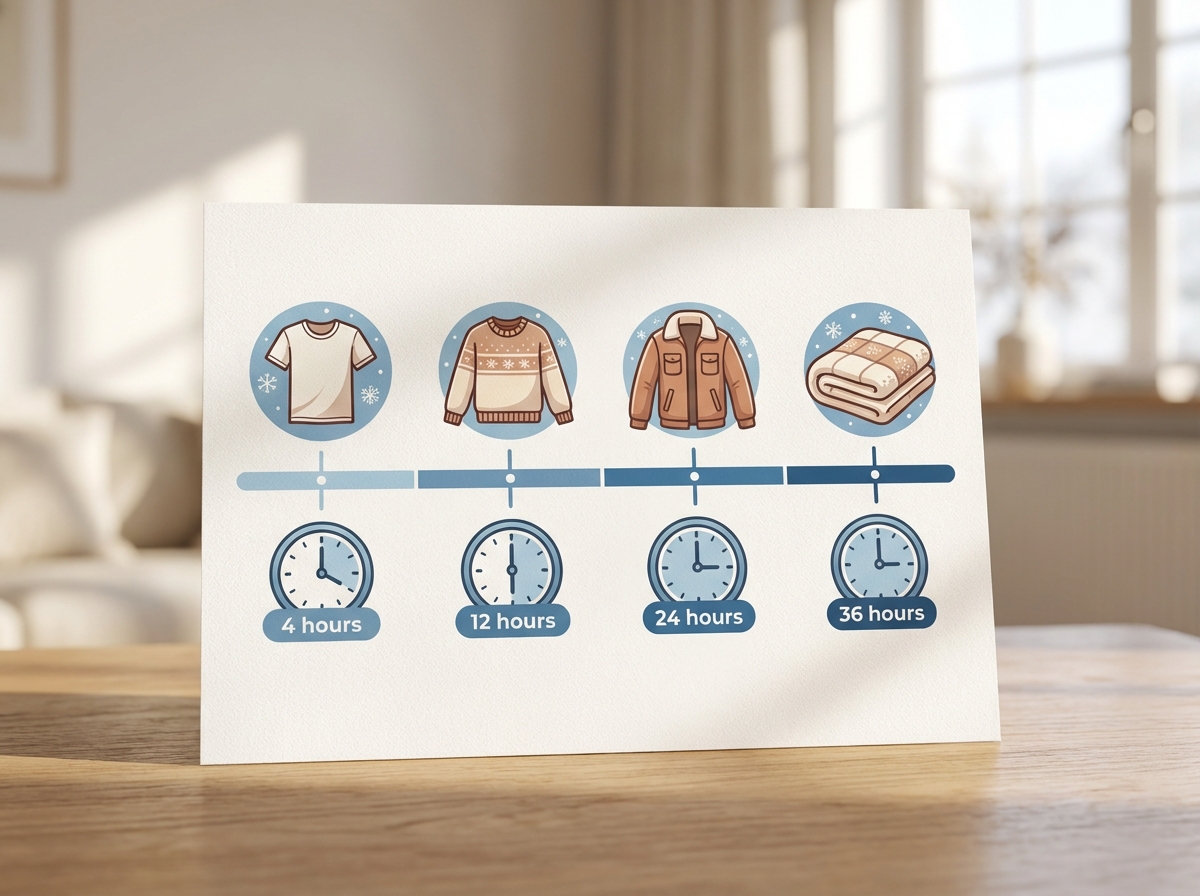Bảng thời gian khô theo loại đồ mùa đông: áo phông 4h, áo len 12h, áo khoác 24h