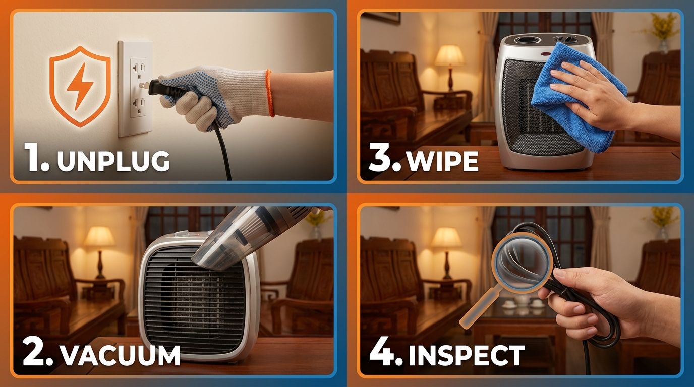 5 bước vệ sinh máy sưởi an toàn: rút điện, hút bụi, lau ẩm, kiểm tra dây, chạy thử