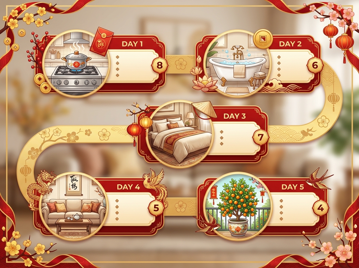 Kế hoạch 5 ngày tổng vệ sinh cuối năm theo zone: bếp, WC, phòng ngủ, phòng khách, ban công