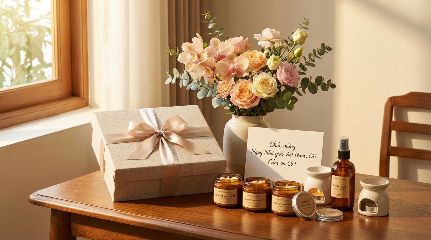Set quà nhà giáo 20/11: hộp quà, hoa tươi, thiệp cảm ơn và sản phẩm gia dụng trên bàn gỗ ấm áp
