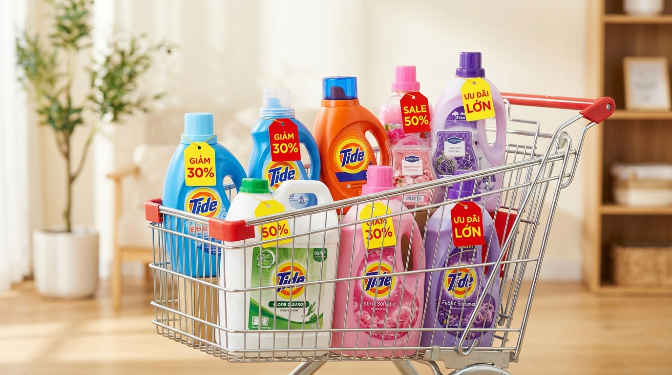 Giỏ mua sắm đầy sản phẩm gia dụng với tag sale đỏ trong mùa Black Friday