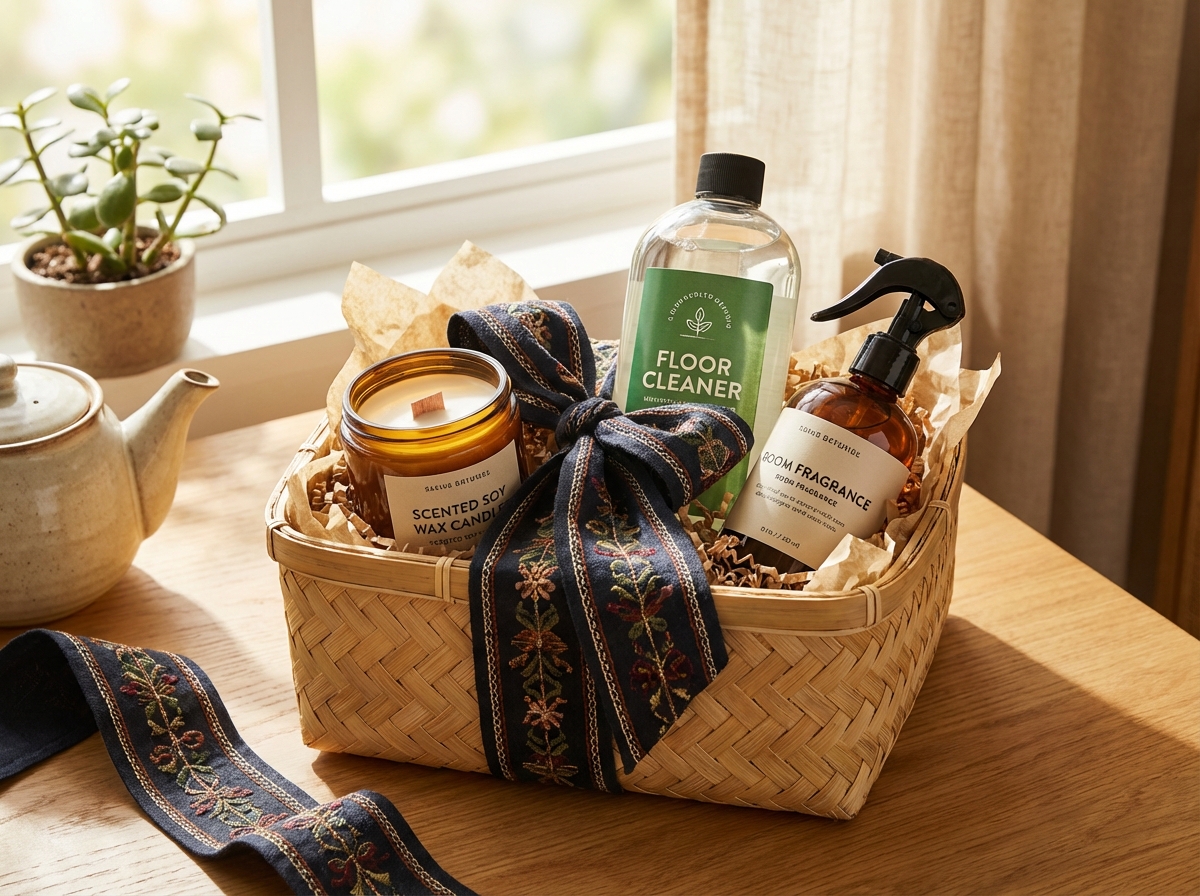 Combo quà gia dụng thực dụng: sáp thơm, xịt khử mùi, túi thơm trong giỏ tre xinh xắn