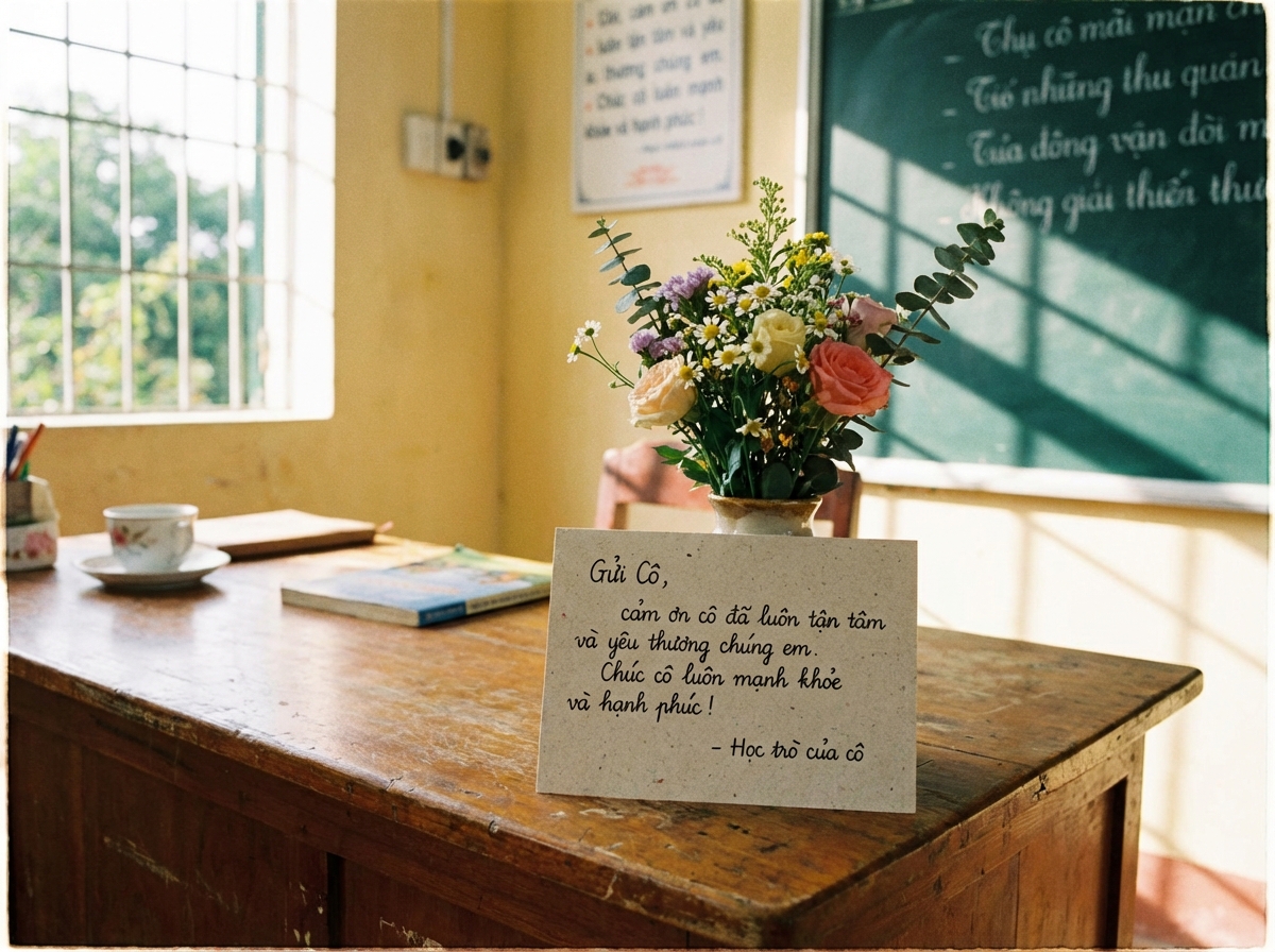 Thiệp cảm ơn viết tay đặt cạnh bó hoa tươi — tri ân chân thành từ trái tim