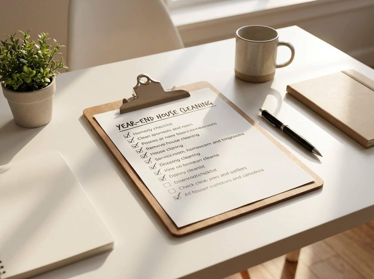 Checklist tổng vệ sinh cuối năm trên clipboard — gần hoàn thành, cảm giác thỏa mãn