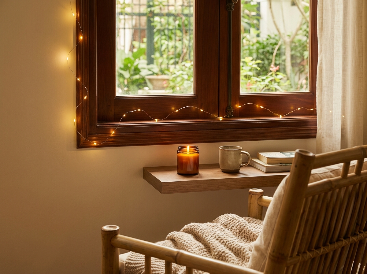 Góc phòng khách sạch sẽ với đèn Giáng Sinh lung linh và sáp thơm ấm cúng