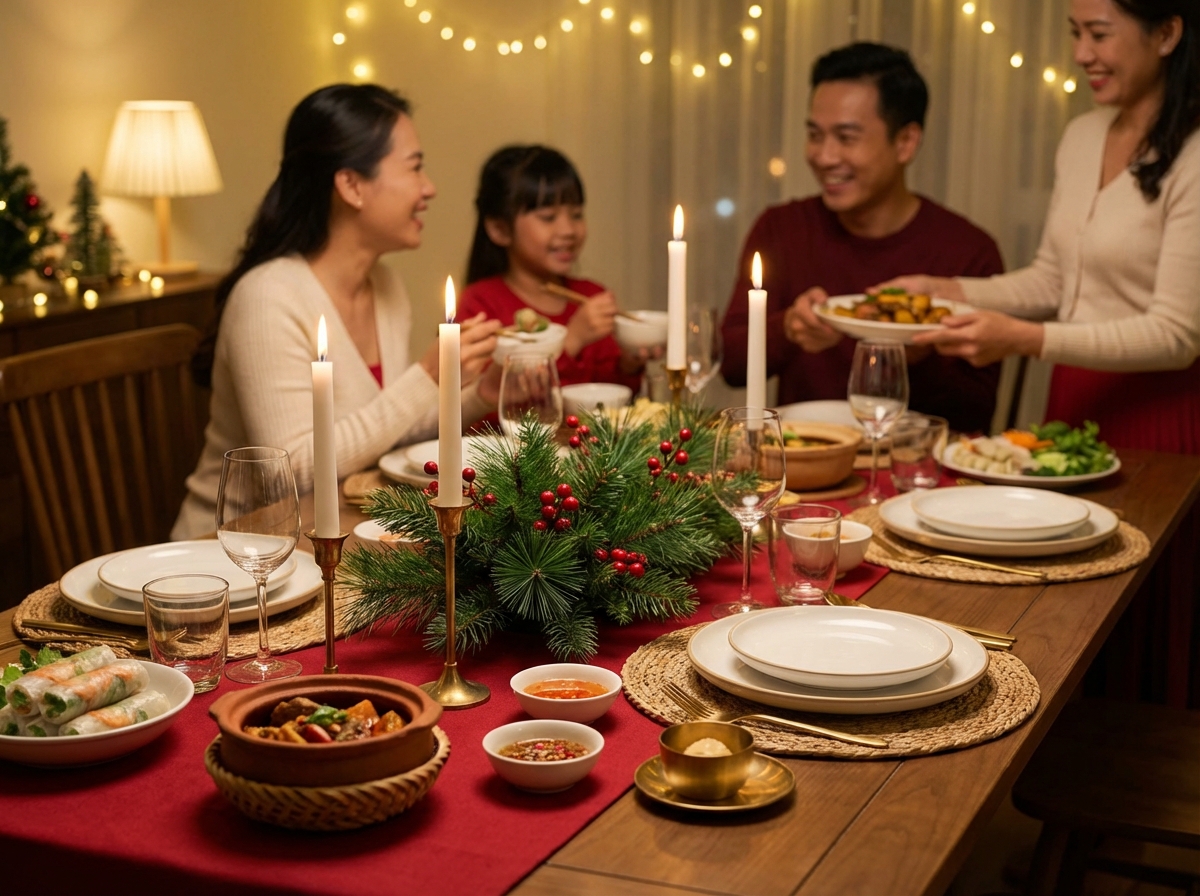 Bàn ăn trang trí Giáng Sinh gọn gàng với khăn đỏ và nến ấm cúng