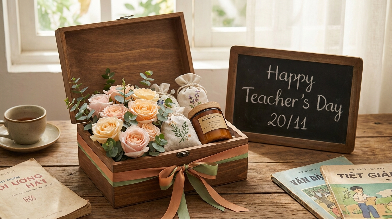 Hộp quà Ngày Nhà giáo 20/11 với hoa tươi, sáp thơm, túi thơm và thiệp cảm ơn