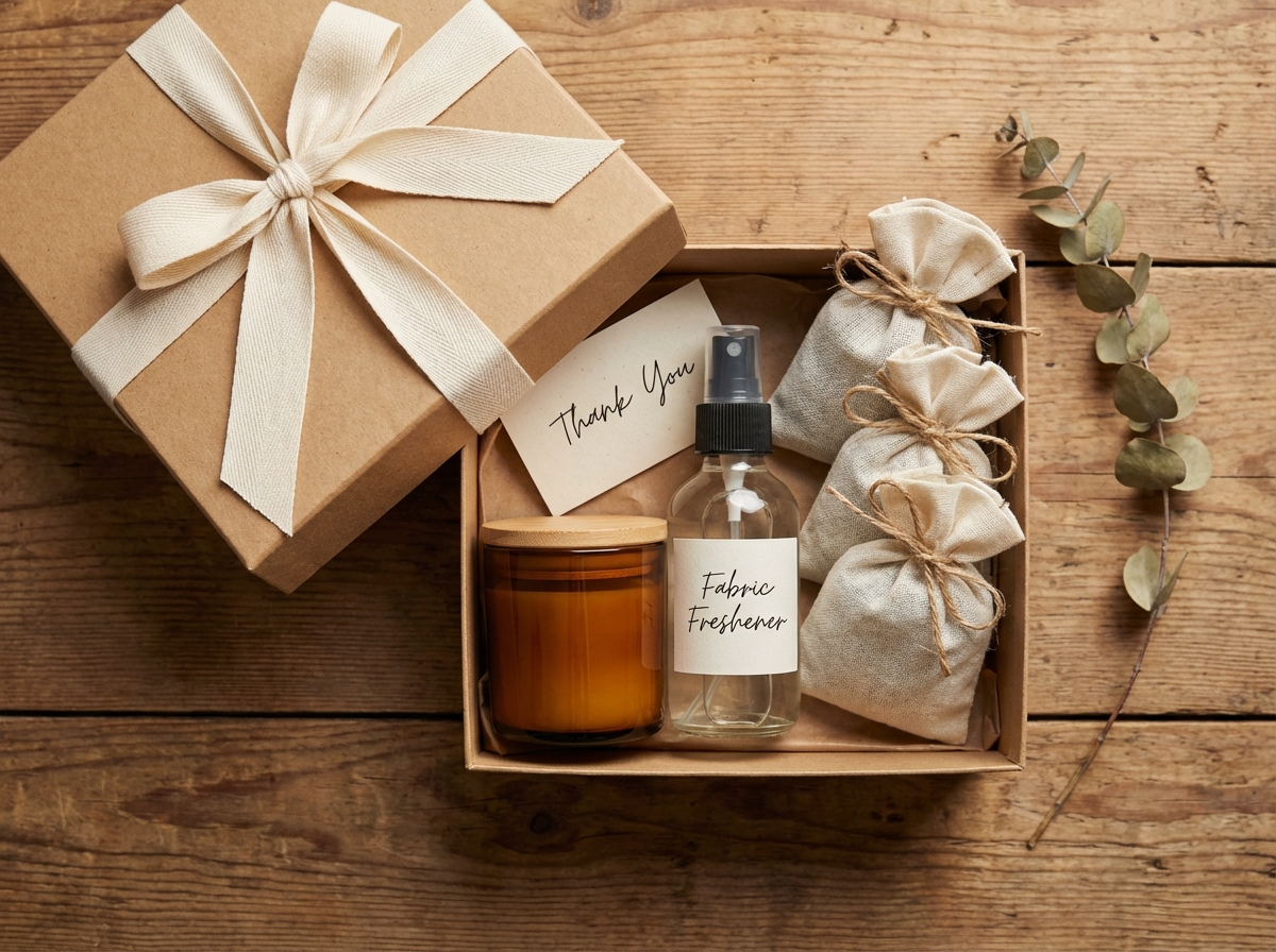 Set quà DIY tự làm: hộp kraft với sáp thơm, xịt phòng, túi thơm và thiệp viết tay