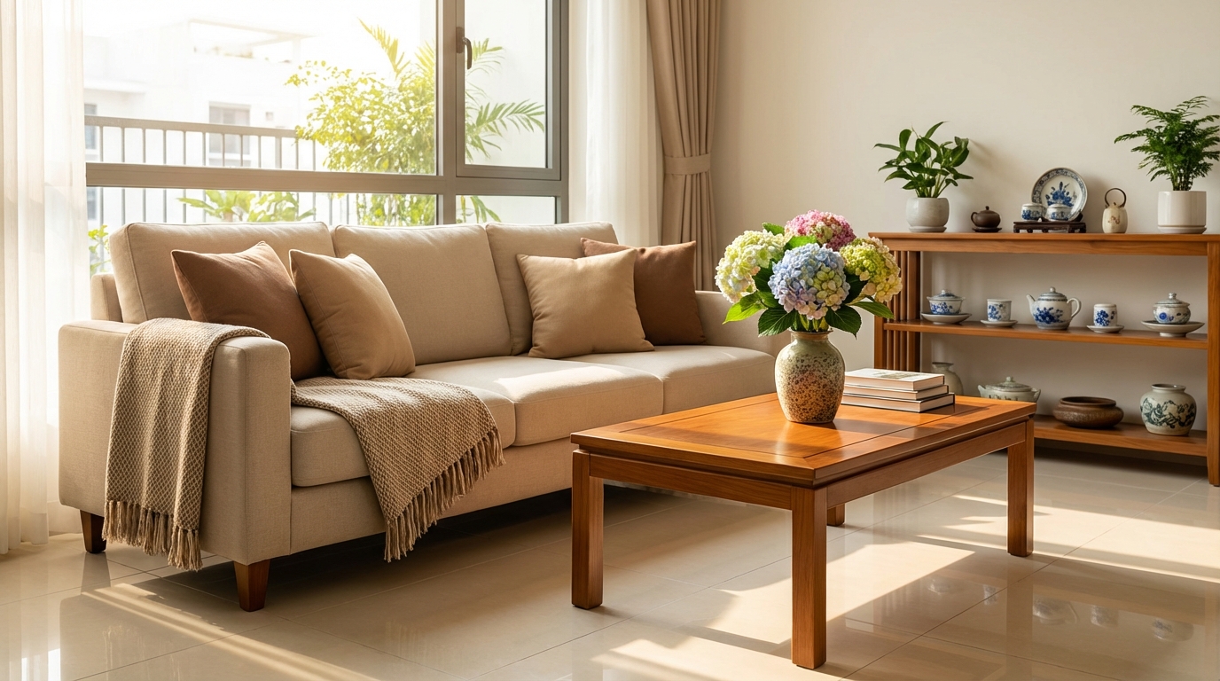Phòng khách sạch gọn, sofa ngay ngắn, bàn có hoa tươi — sẵn sàng đón khách