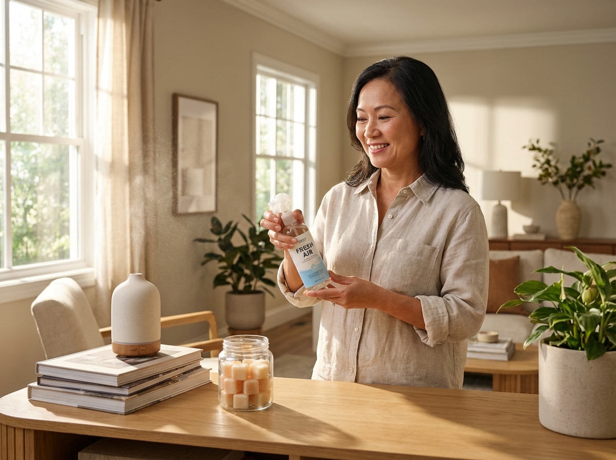 Xịt khử mùi phòng khách, sáp thơm Felce Azzurra trên bàn — phòng thơm dễ chịu trước khi khách đến