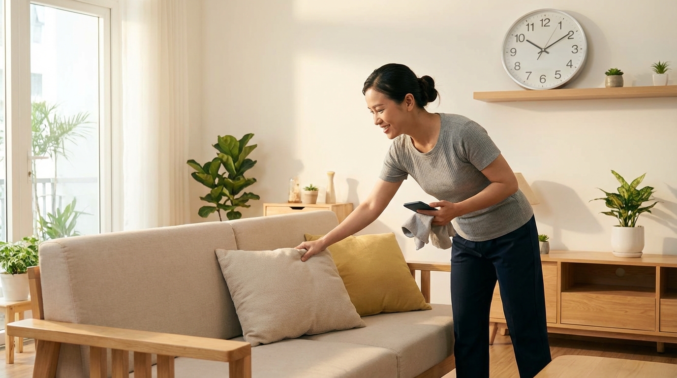 Mẹ bận rộn dọn nhà nhanh với đồng hồ trên tường, nhà gọn gàng ngăn nắp