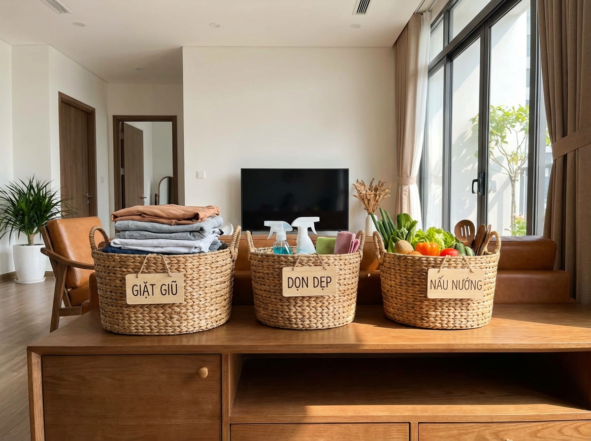 Các giỏ phân loại việc nhà: giặt, dọn, nấu — giúp gom việc hiệu quả