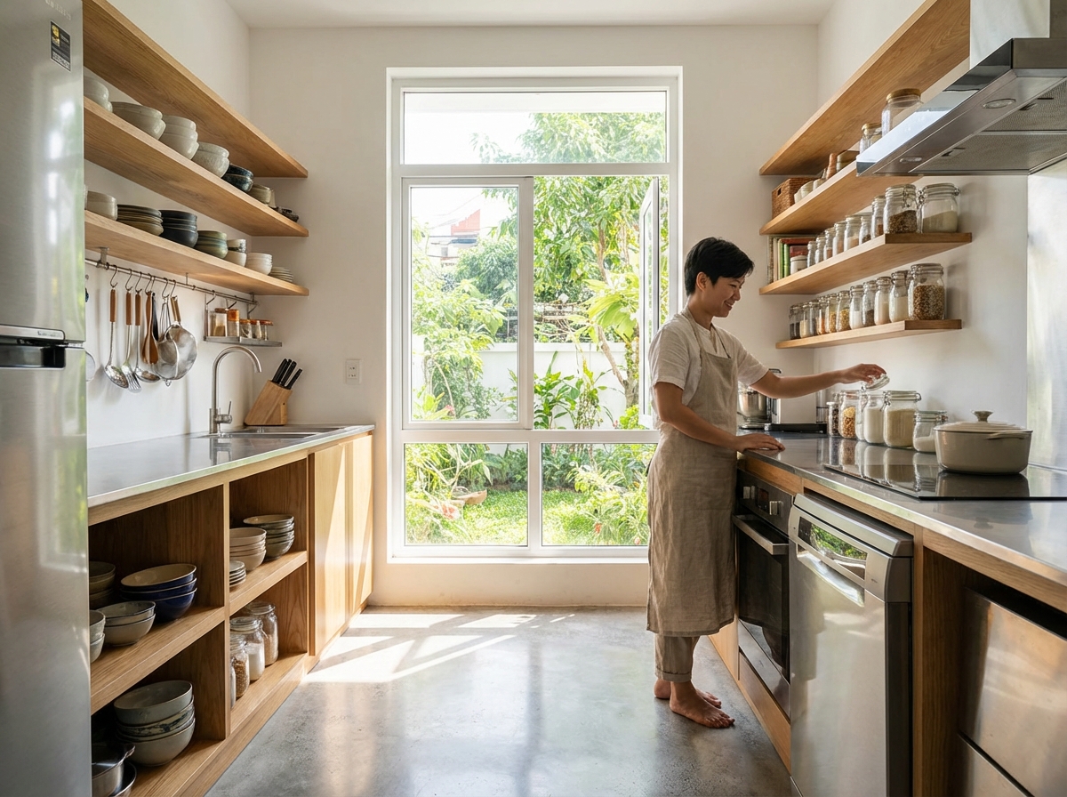 Bếp sạch gọn gàng, đồ sắp xếp ngăn nắp — kết quả của việc dọn ngay và dùng sản phẩm đa năng