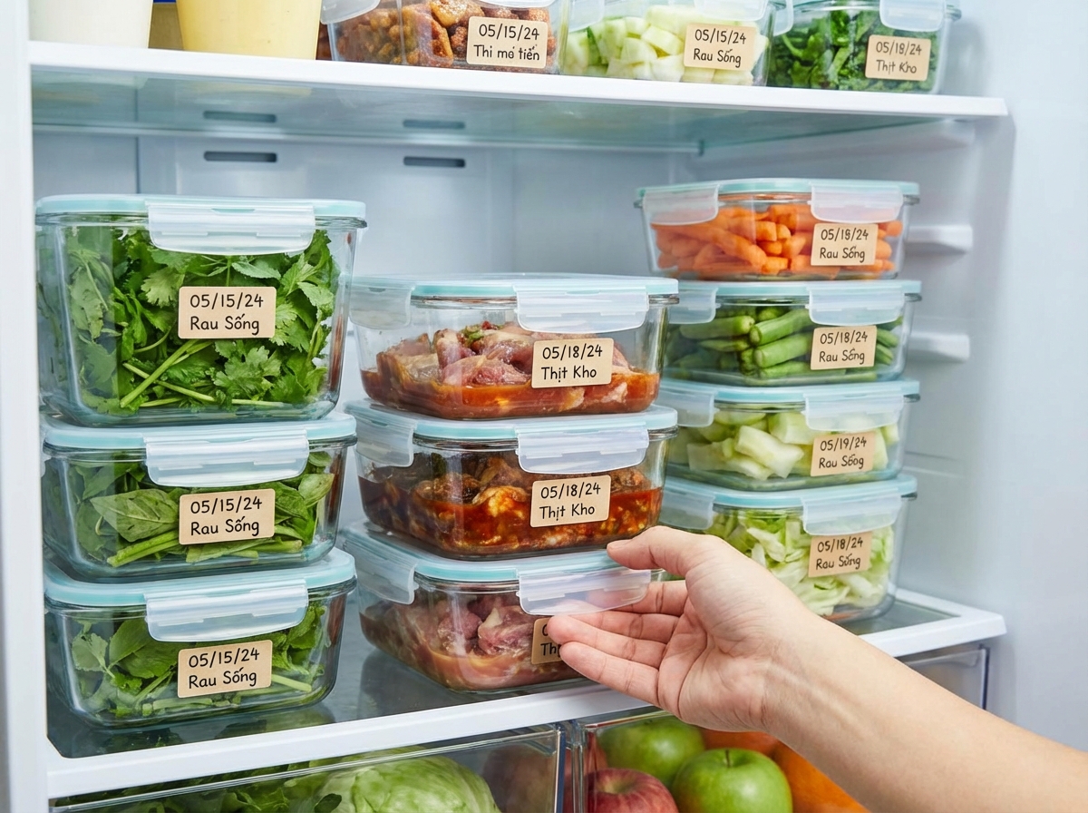 Hộp đựng thức ăn trong suốt có dán nhãn ngày trong tủ lạnh