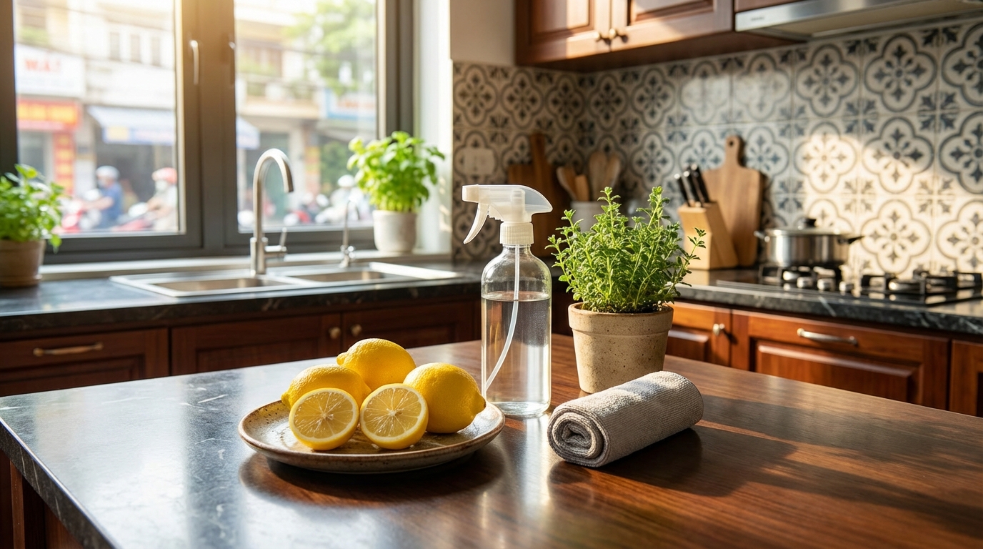 Quả chanh cắt đôi cạnh bề mặt bếp sạch bóng — mẹo vặt tẩy rửa tự nhiên