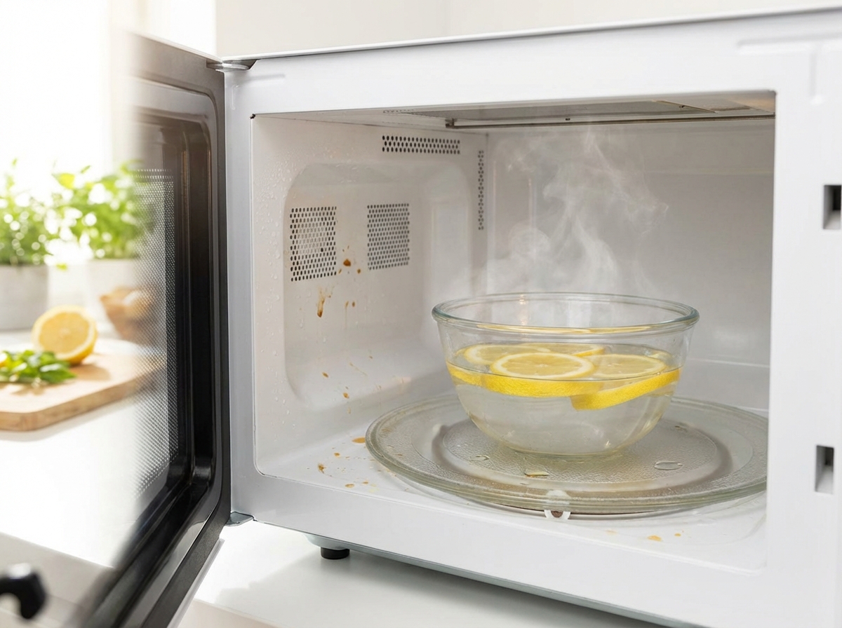 Bát nước chanh bốc hơi trong lò vi sóng — cách thơm và làm sạch lò vi sóng không cần cọ