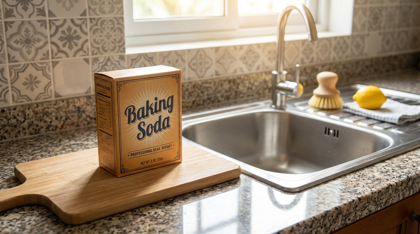 Hộp baking soda cạnh bề mặt bồn rửa và gạch sạch bóng — 1 hộp thay 5 sản phẩm tẩy rửa