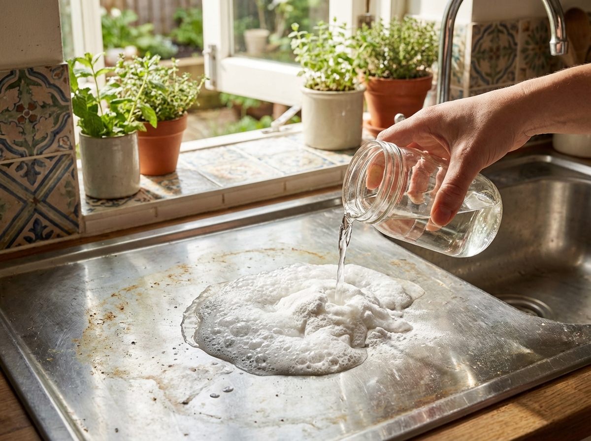 Baking soda và giấm sủi bọt trên bề mặt bồn rửa — phản ứng đẩy bẩn cơ học hiệu quả
