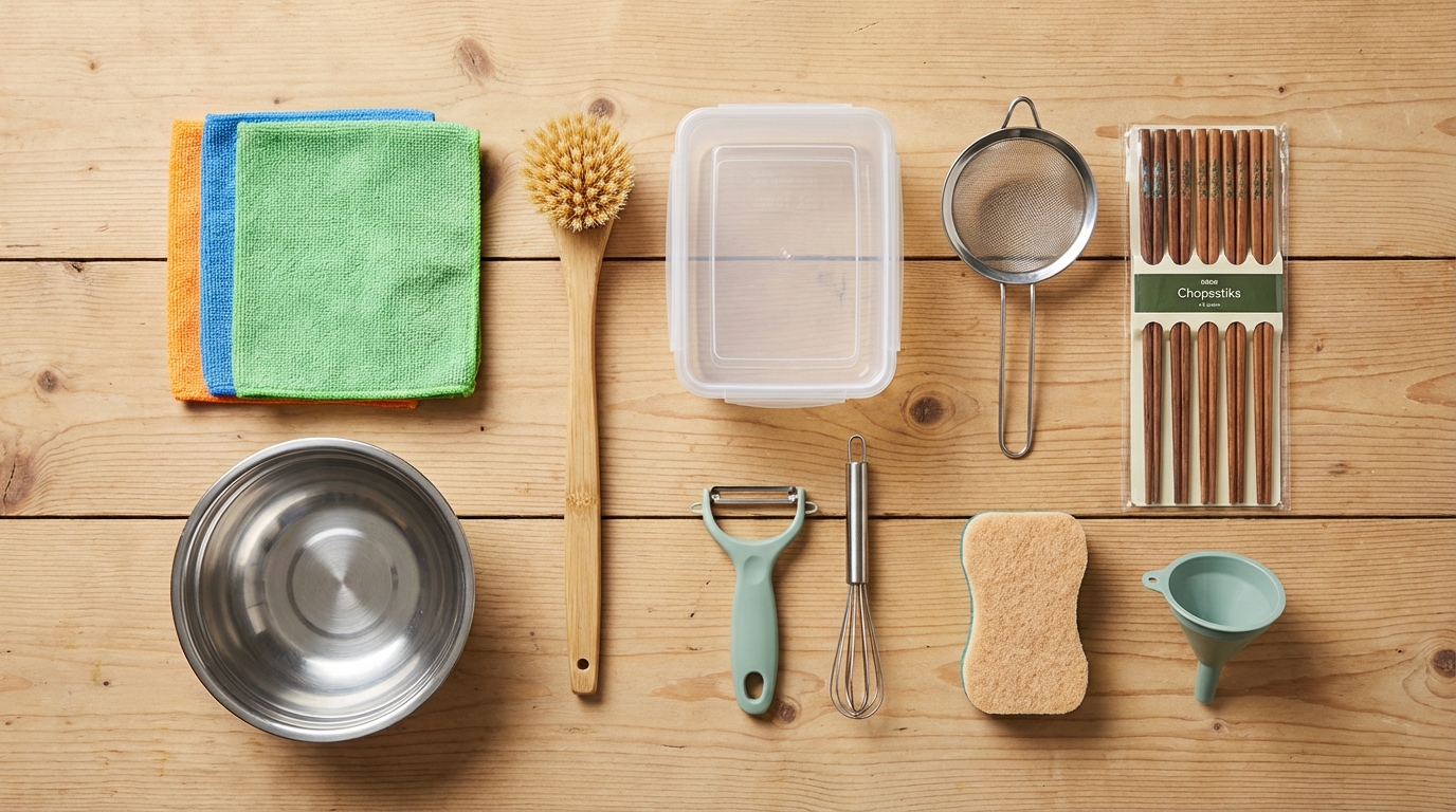 10 đồ dùng gia đình giá rẻ dưới 50k bày gọn trên bàn