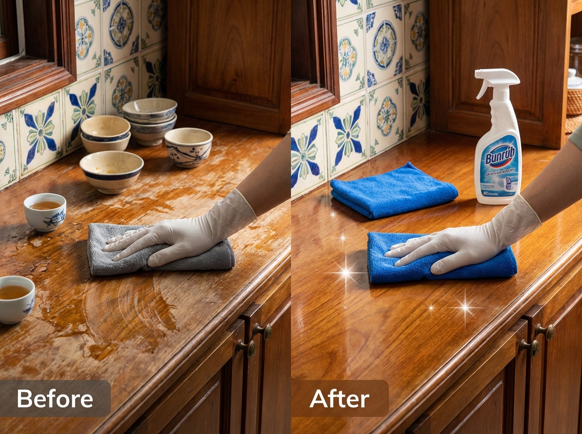 Khăn microfiber lau sạch bề mặt bếp, trước và sau
