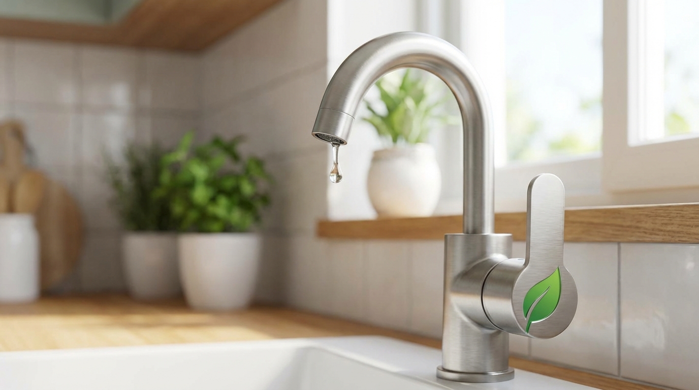 Vòi nước và giọt nước xanh — biểu tượng tiết kiệm nước trong gia đình