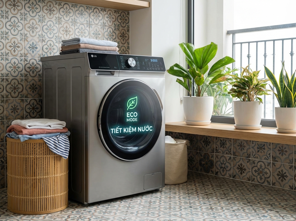 Máy giặt hiển thị chế độ eco tiết kiệm nước — giặt đủ mẻ để tối đa hiệu quả
