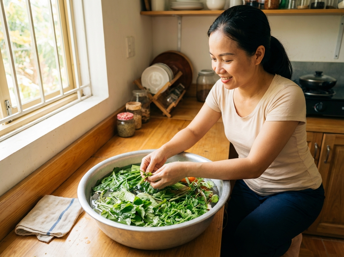 Người nội trợ rửa rau bằng chậu thay vì mở vòi chảy liên tục — tiết kiệm 50-70 lít mỗi ngày