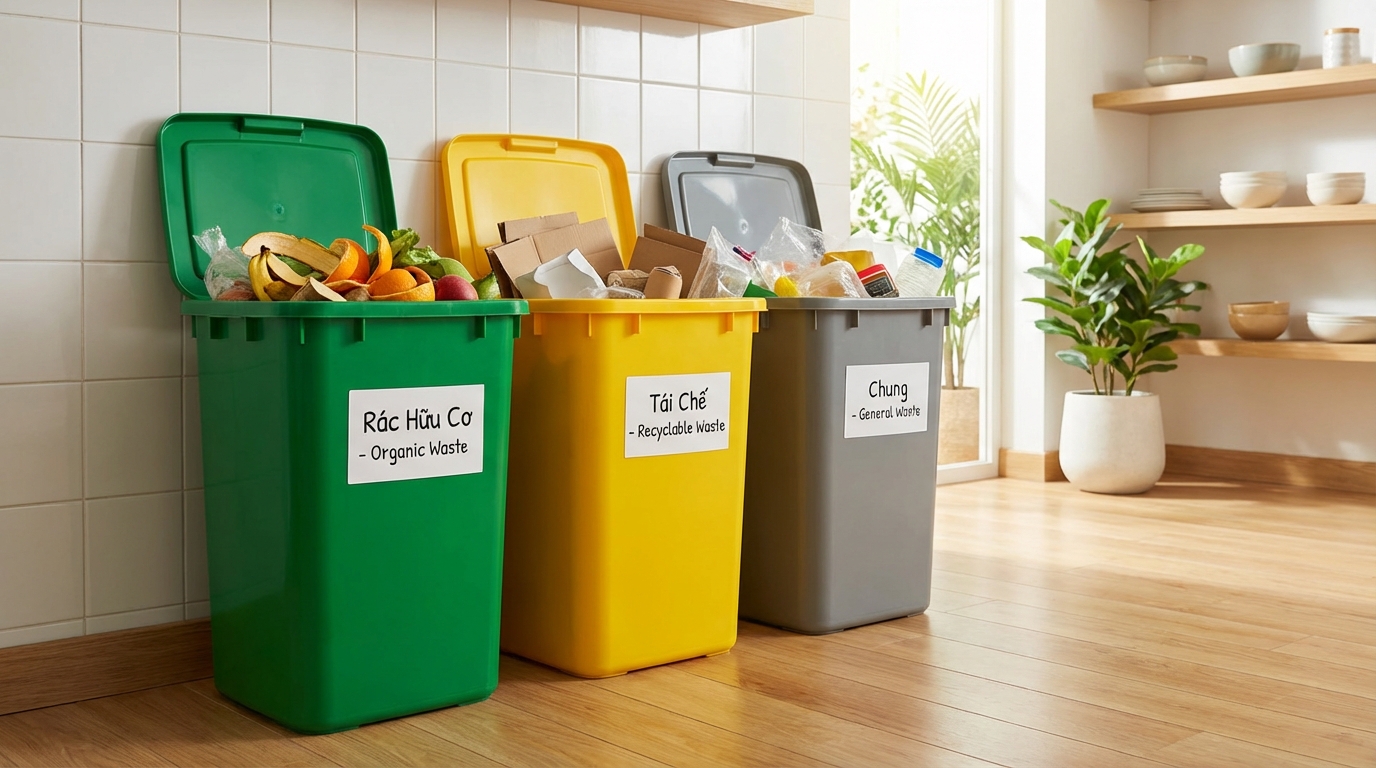 Ba thùng rác phân loại màu xanh lá, vàng, xám — hữu cơ, tái chế và rác còn lại