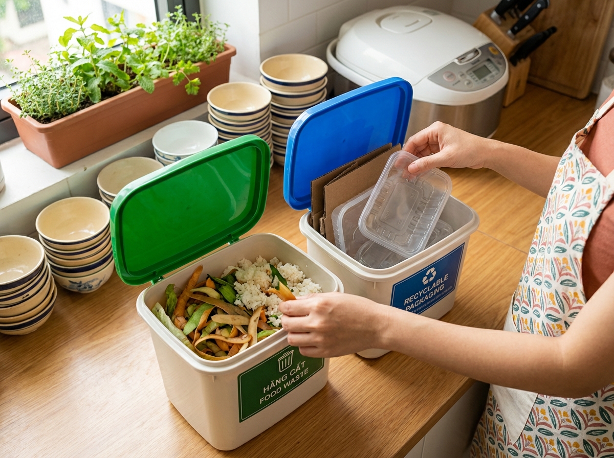 Bếp gia đình Việt với rác thực phẩm và bao bì được phân loại vào hai thùng riêng biệt