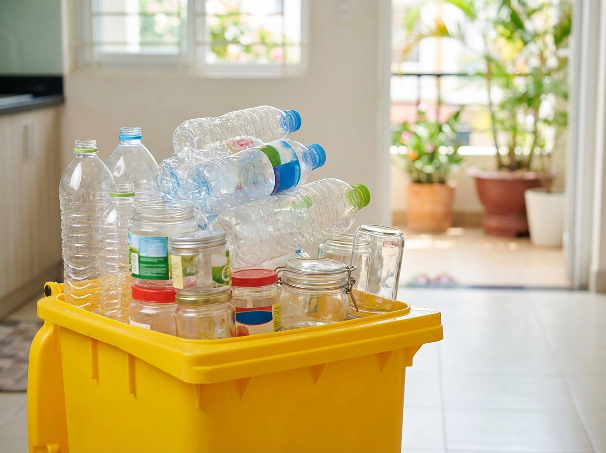 Chai lọ đã rửa sạch xếp gọn vào thùng tái chế vàng — chuẩn bị đúng cách trước khi tái chế